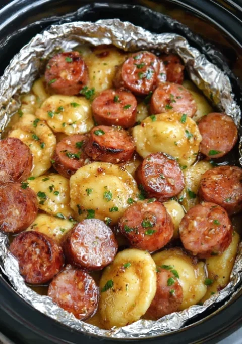 slow cooker foil packet sausage and pierogies