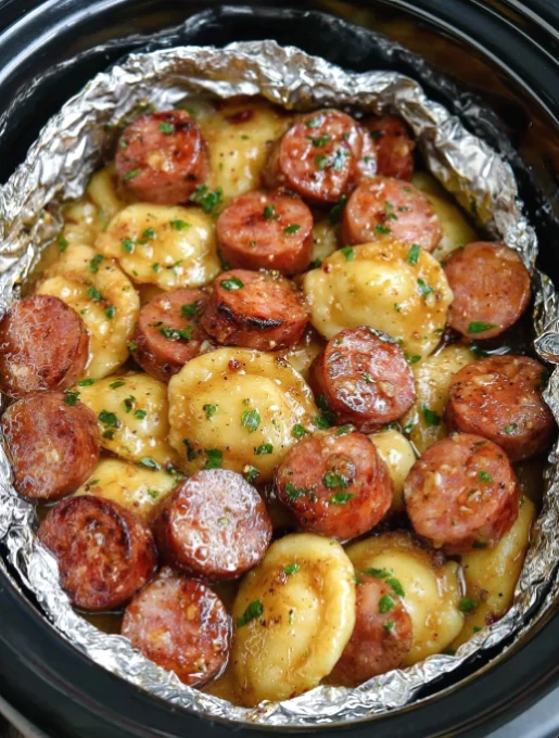 slow cooker foil packet sausage and pierogies
